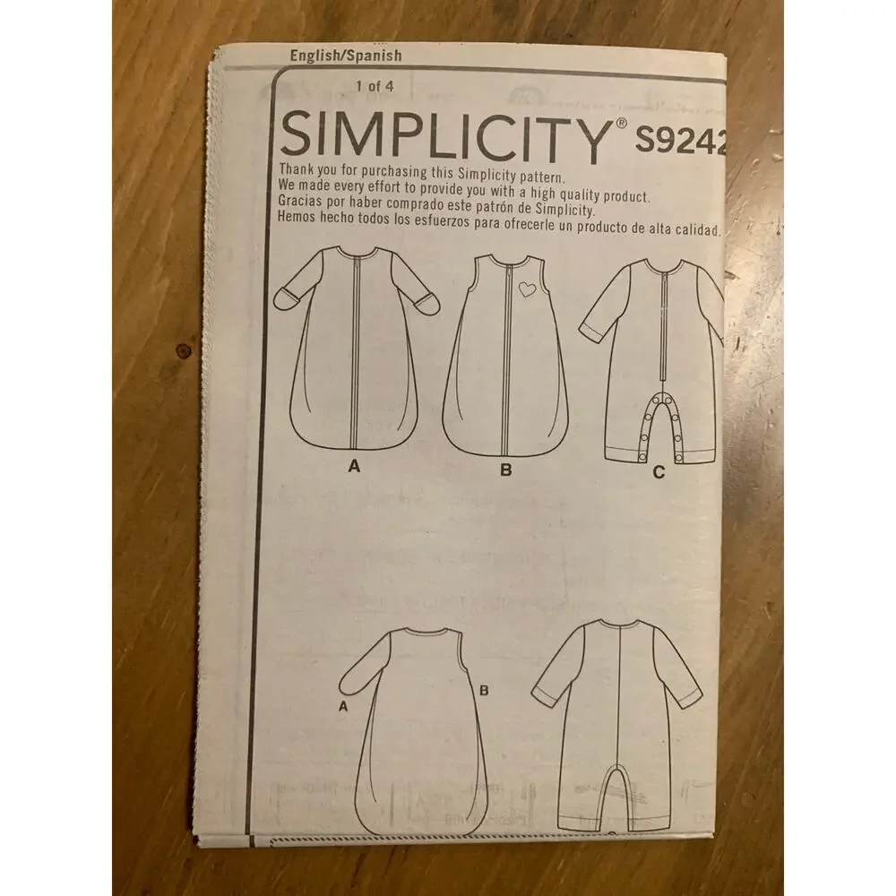 Simplicity S9242A Pattern Baby Infant Layette Jumpsuit Bunting US Size XXS-L